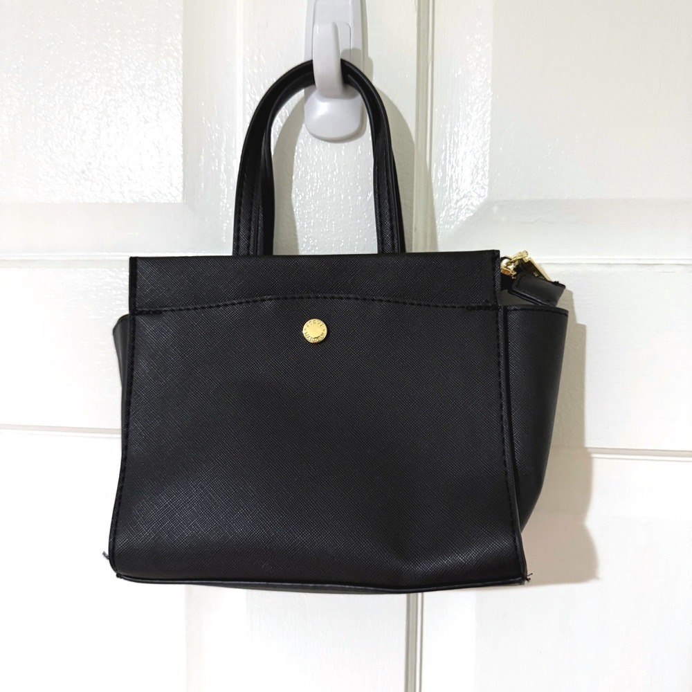 Steve Madden Black‎ Saffiano Mini Satchel Handbag Gold Hardware Trapezoid Bag